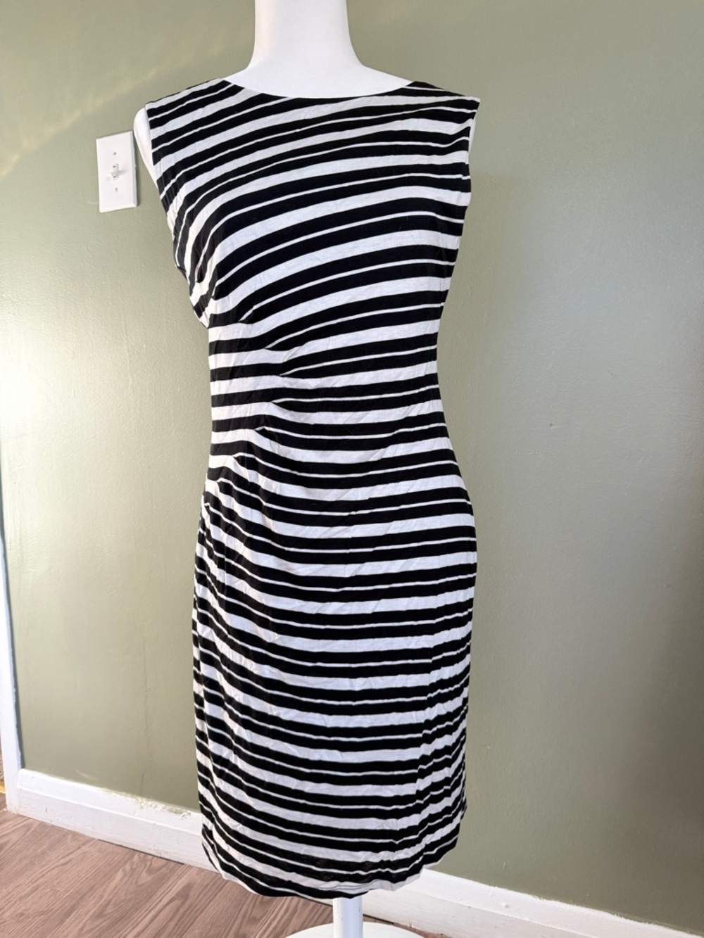 LOFT Black and White Striped Midi Sheath Dress